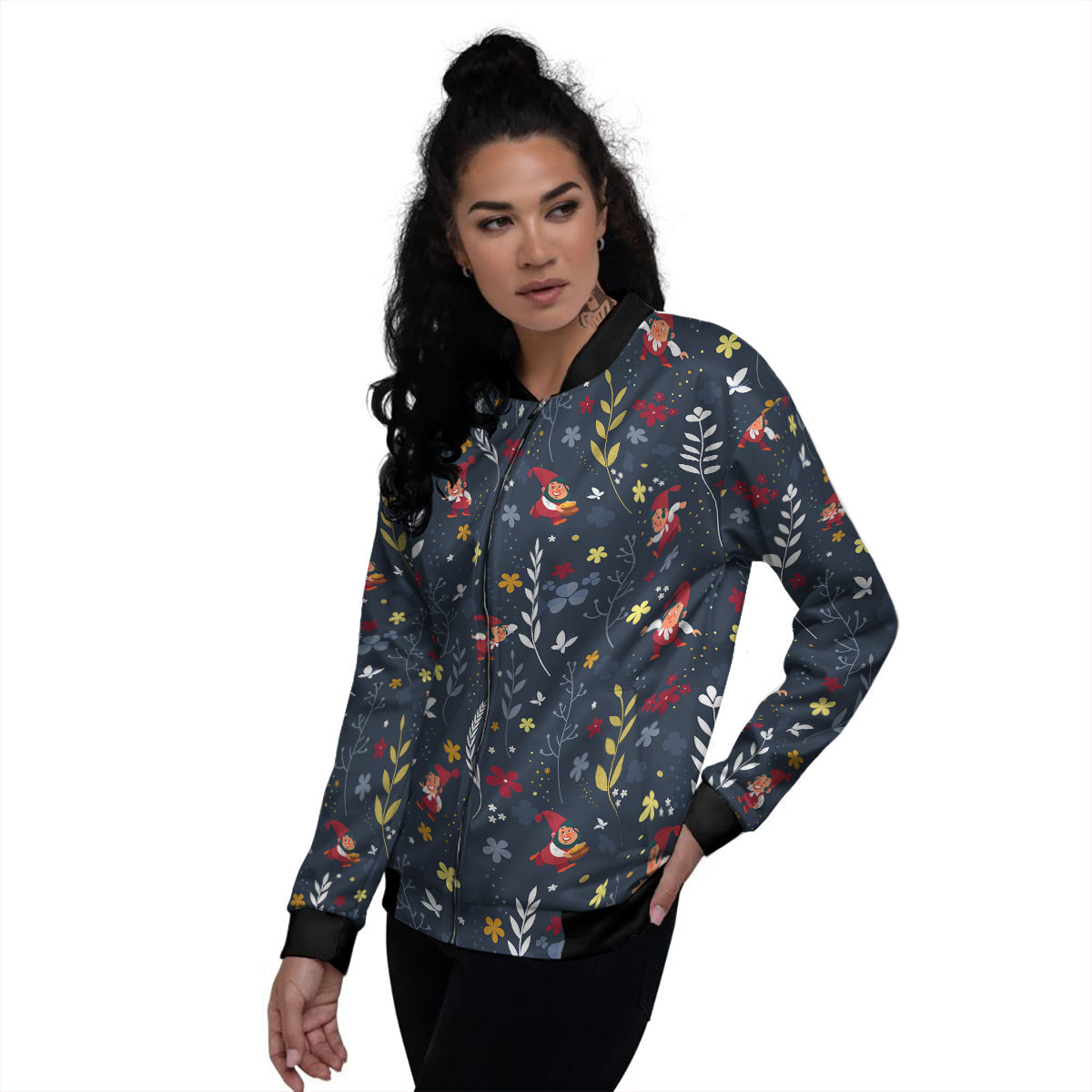 Cartoon Elf And Floral Print Pattern Women's Bomber Jacket-grizzshop