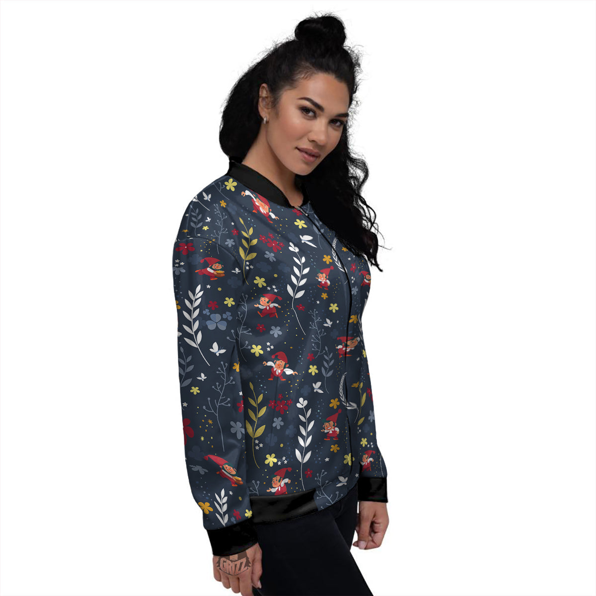 Cartoon Elf And Floral Print Pattern Women's Bomber Jacket-grizzshop