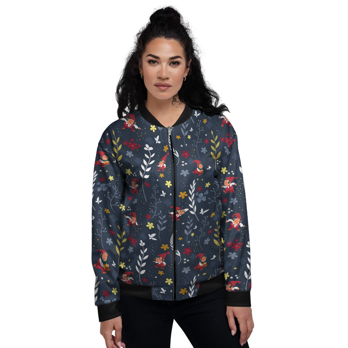Cartoon Elf And Floral Print Pattern Women's Bomber Jacket-grizzshop