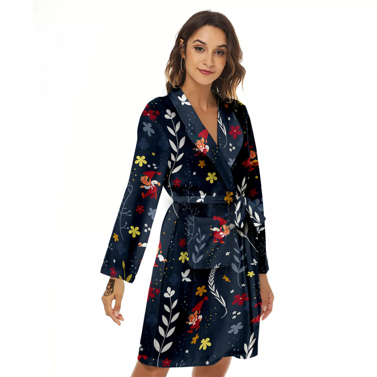 Cartoon Elf And Floral Print Pattern Women's Robe-grizzshop