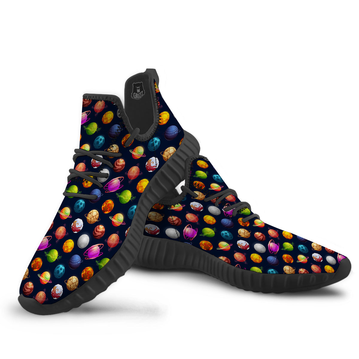 Cartoon Futuristic Planets Colorful Print Pattern Black Walking Shoes-grizzshop