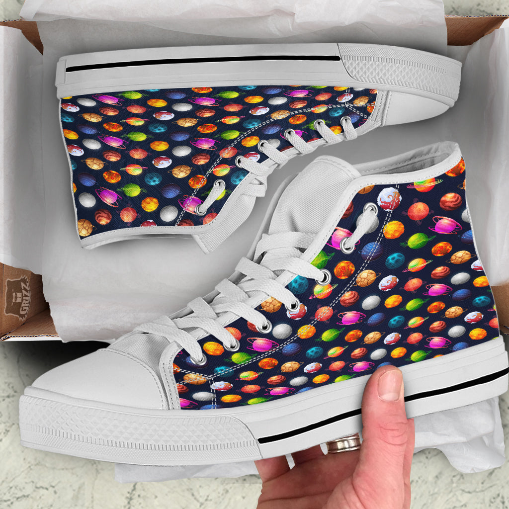 Cartoon Futuristic Planets Colorful Print Pattern White High Top Shoes-grizzshop