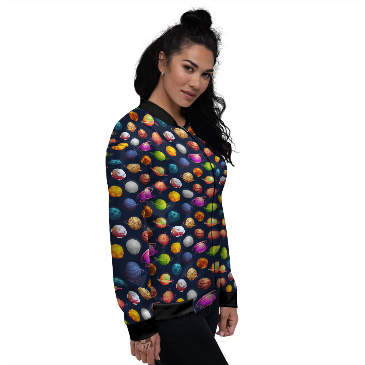 Cartoon Futuristic Planets Colorful Print Pattern Women's Bomber Jacket-grizzshop