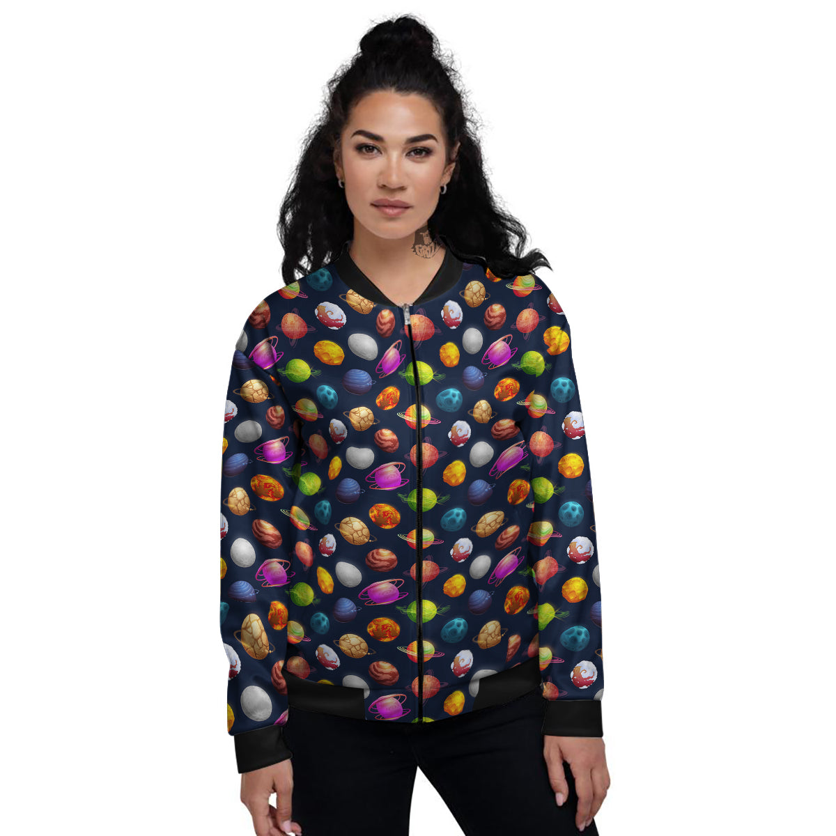 Cartoon Futuristic Planets Colorful Print Pattern Women's Bomber Jacket-grizzshop