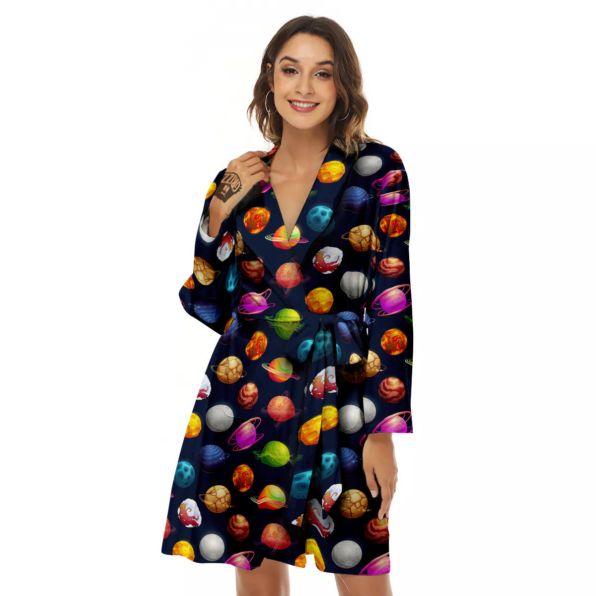 Cartoon Futuristic Planets Colorful Print Pattern Women's Robe-grizzshop