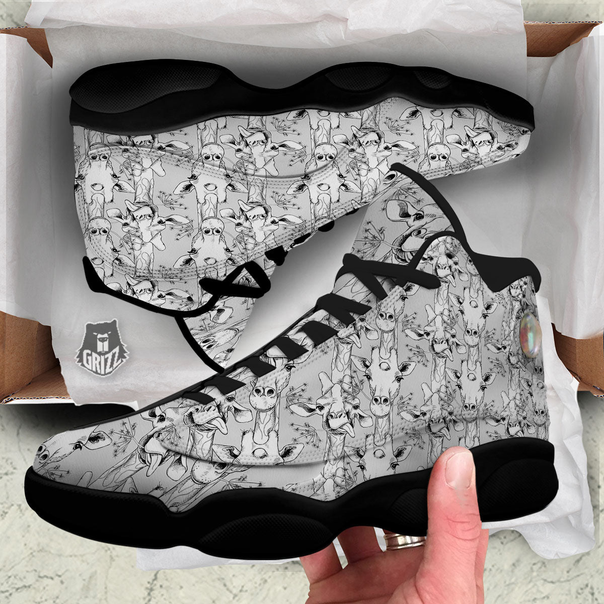 Cartoon Giraffe White And Black Print Black Basketball Shoes-grizzshop