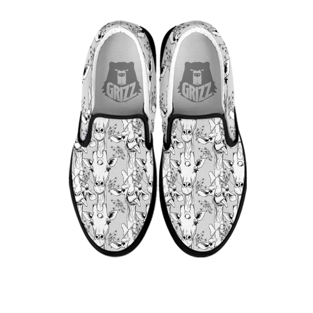 Cartoon Giraffe White And Black Print Black Slip On Shoes-grizzshop