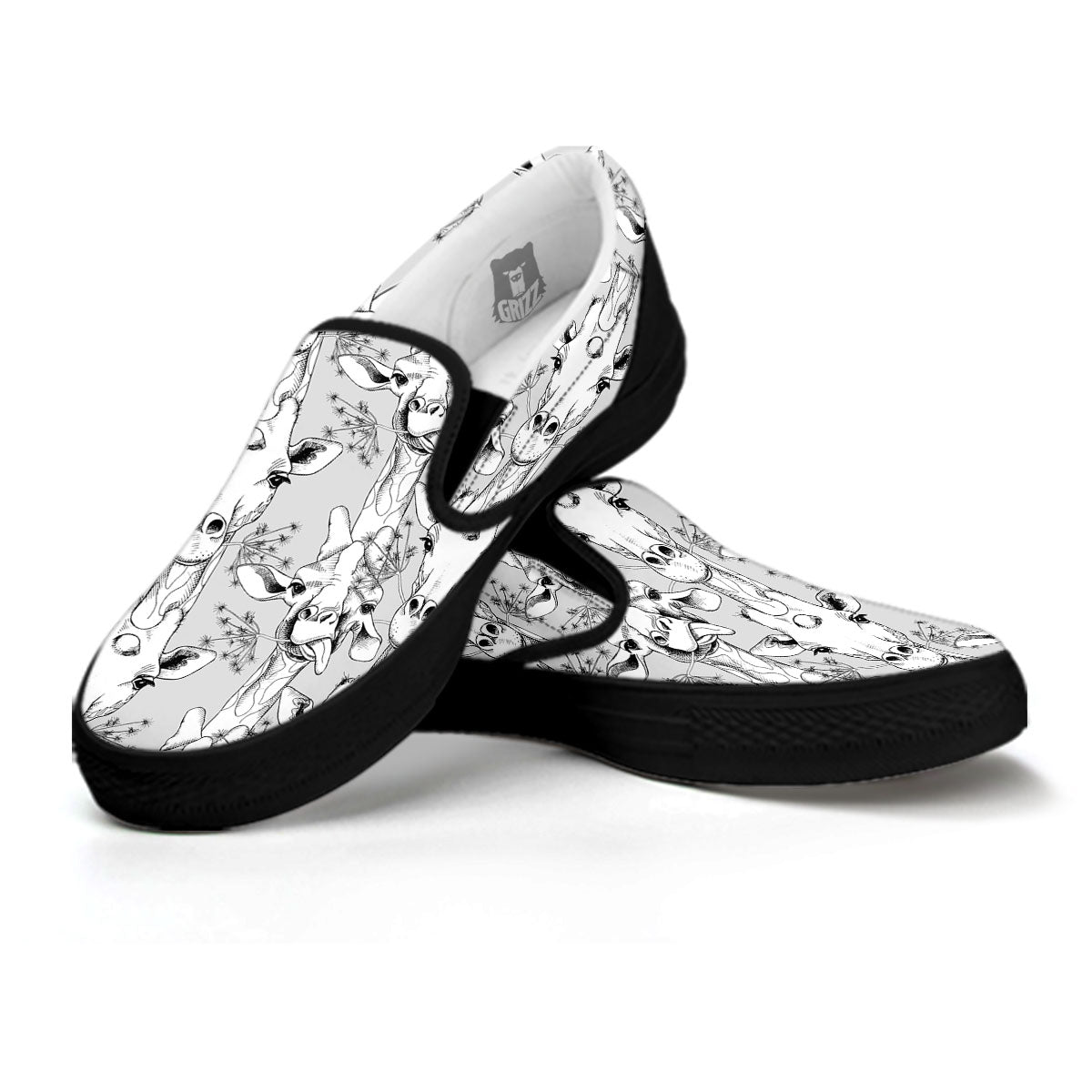 Cartoon Giraffe White And Black Print Black Slip On Shoes-grizzshop
