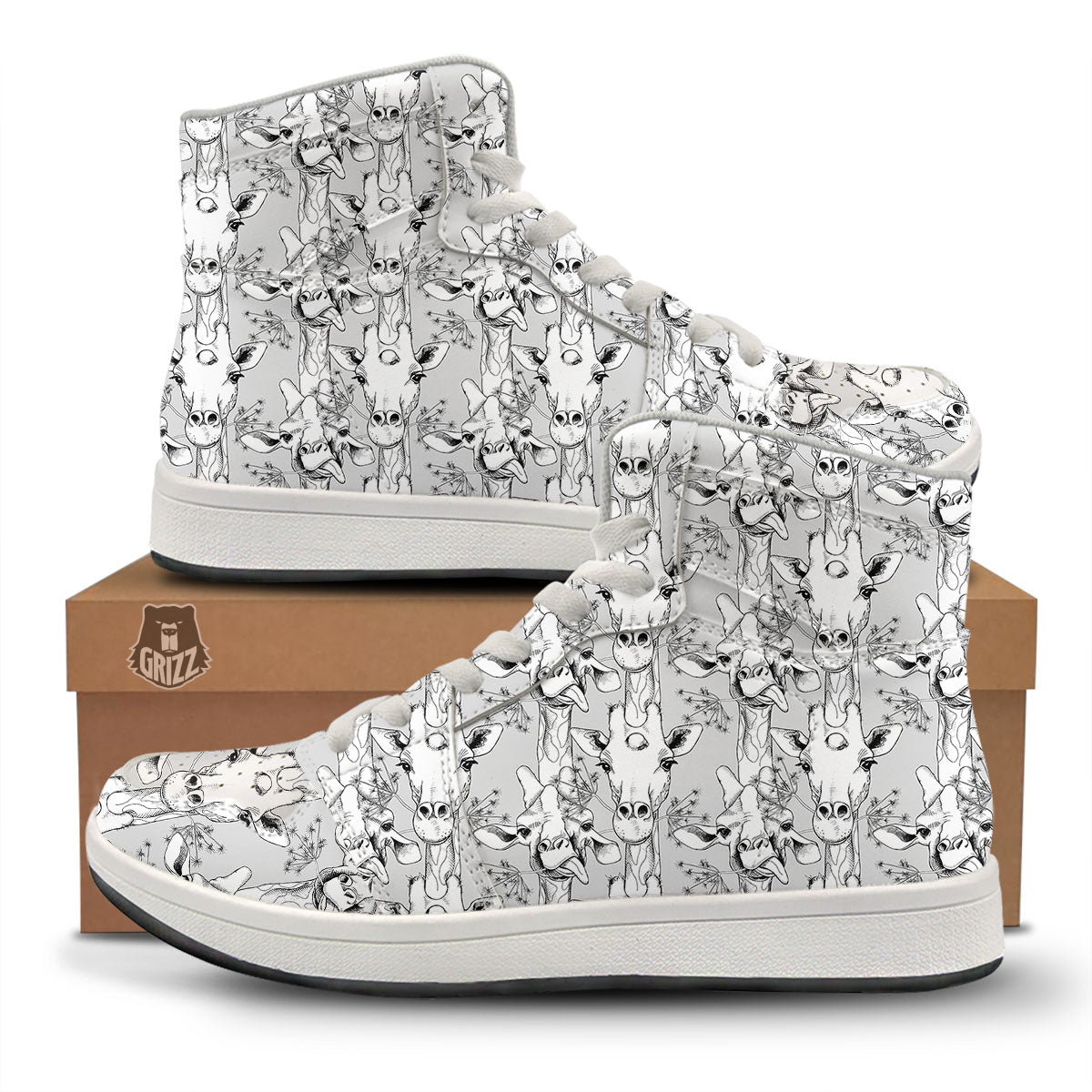 Cartoon Giraffe White And Black Print High Top Sneakers-grizzshop