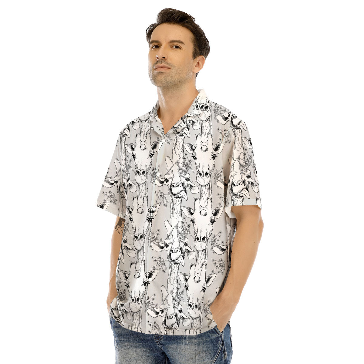 Cartoon Giraffe White And Black Print Men's Hawaiian Shirt-grizzshop