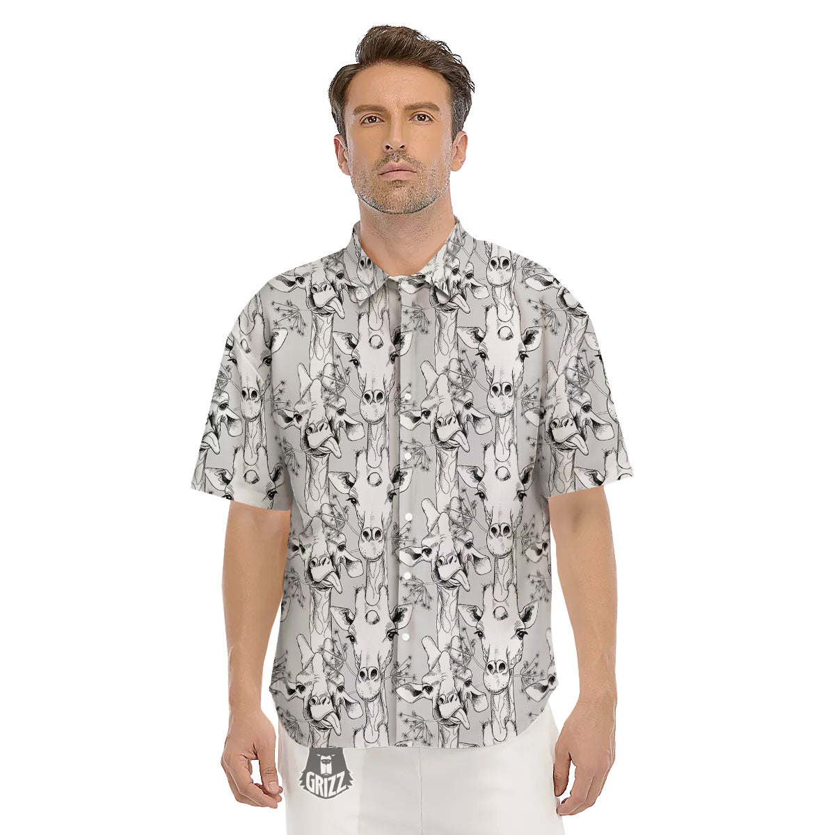 Cartoon Giraffe White And Black Print Men's Short Sleeve Shirts-grizzshop