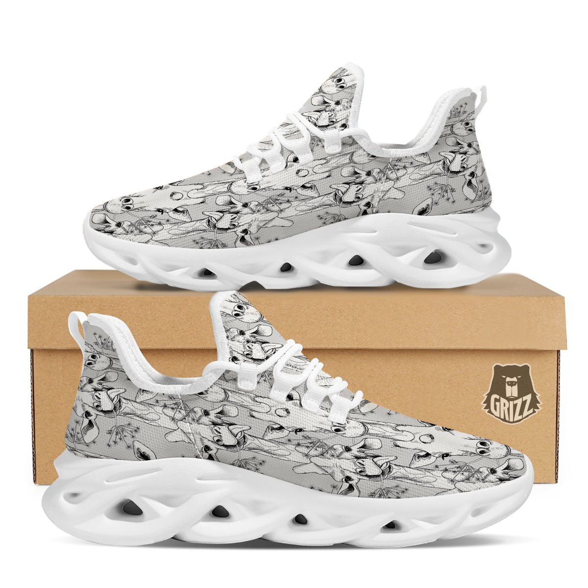Cartoon Giraffe White And Black Print White Running Shoes-grizzshop