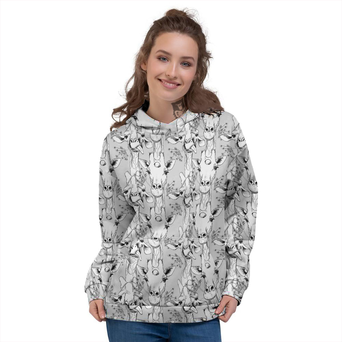 Cartoon Giraffe White And Black Print Women's Hoodie-grizzshop