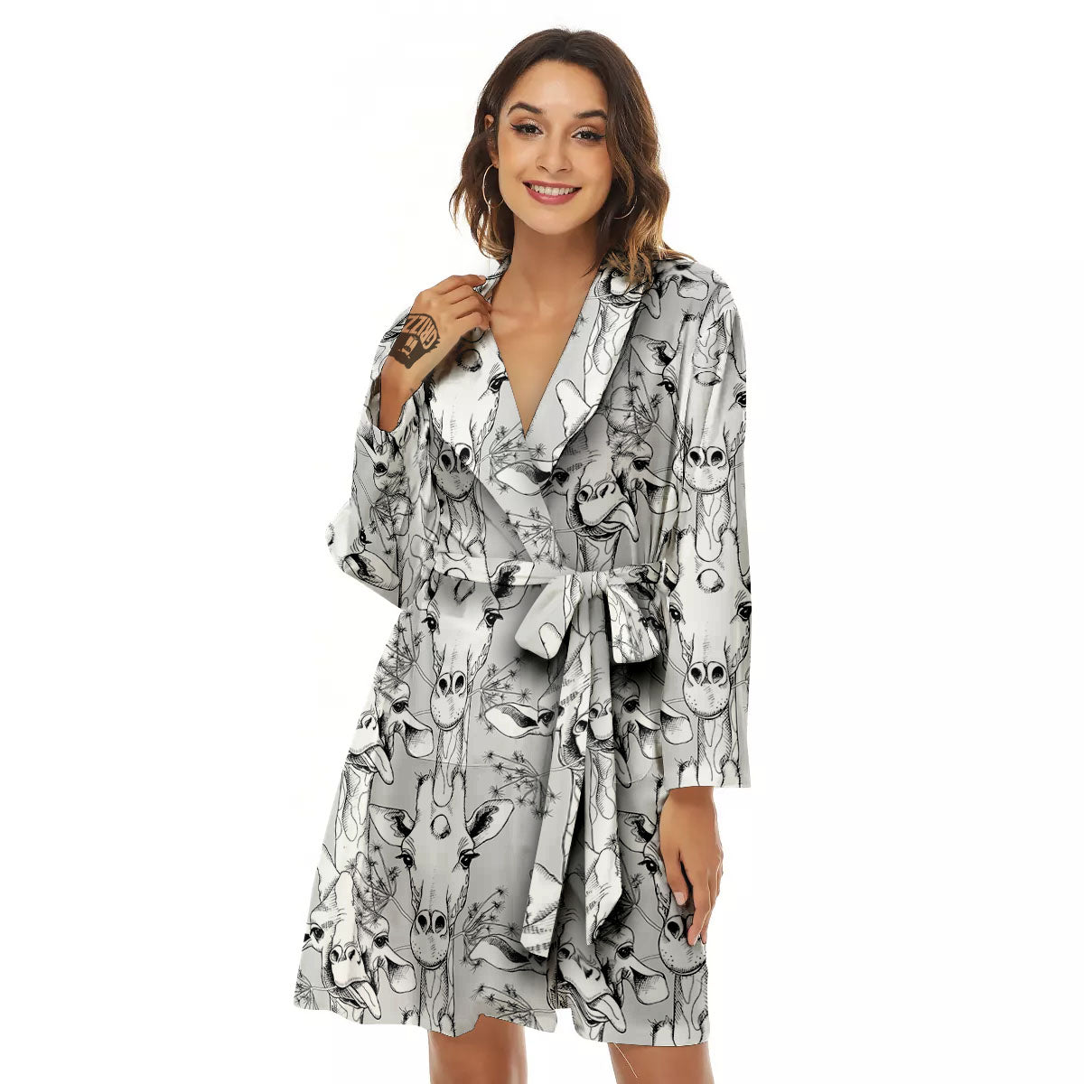 Cartoon Giraffe White And Black Print Women's Robe-grizzshop