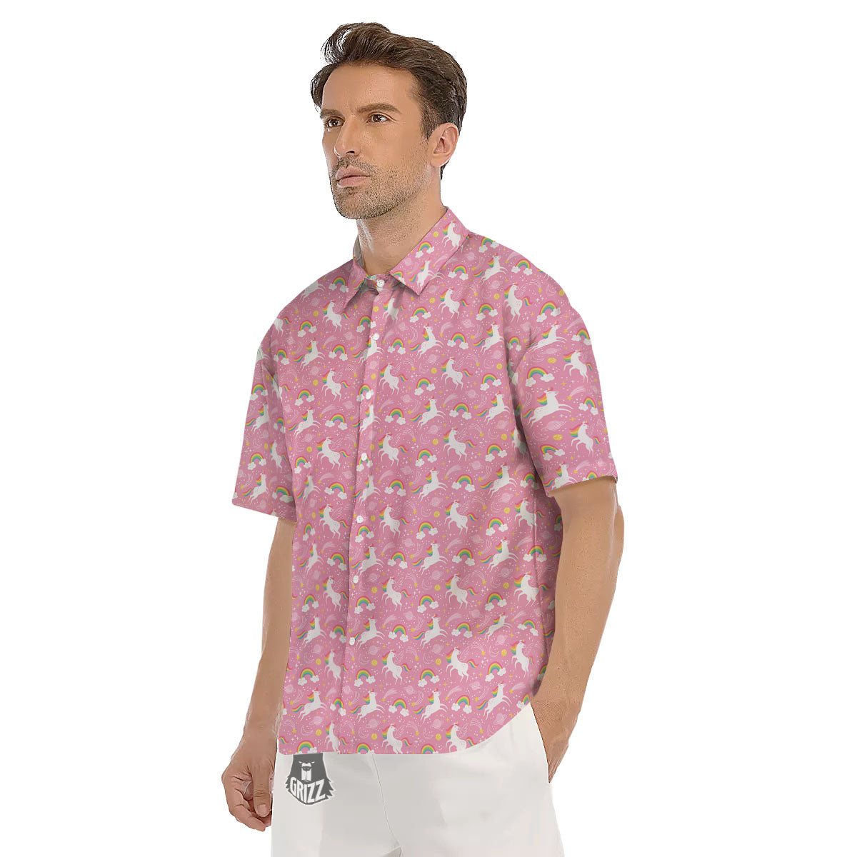 Cartoon Girly Unicorn Print Pattern Men's Short Sleeve Shirts-grizzshop