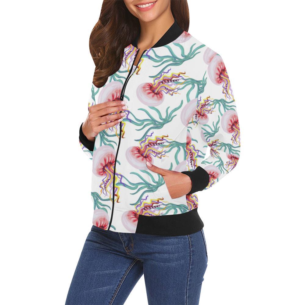 Cartoon Jellyfish Pattern Print Women Casual Bomber Jacket-grizzshop