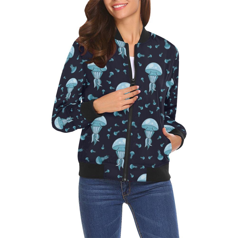 Cartoon Jellyfish Print Pattern Women Casual Bomber Jacket-grizzshop