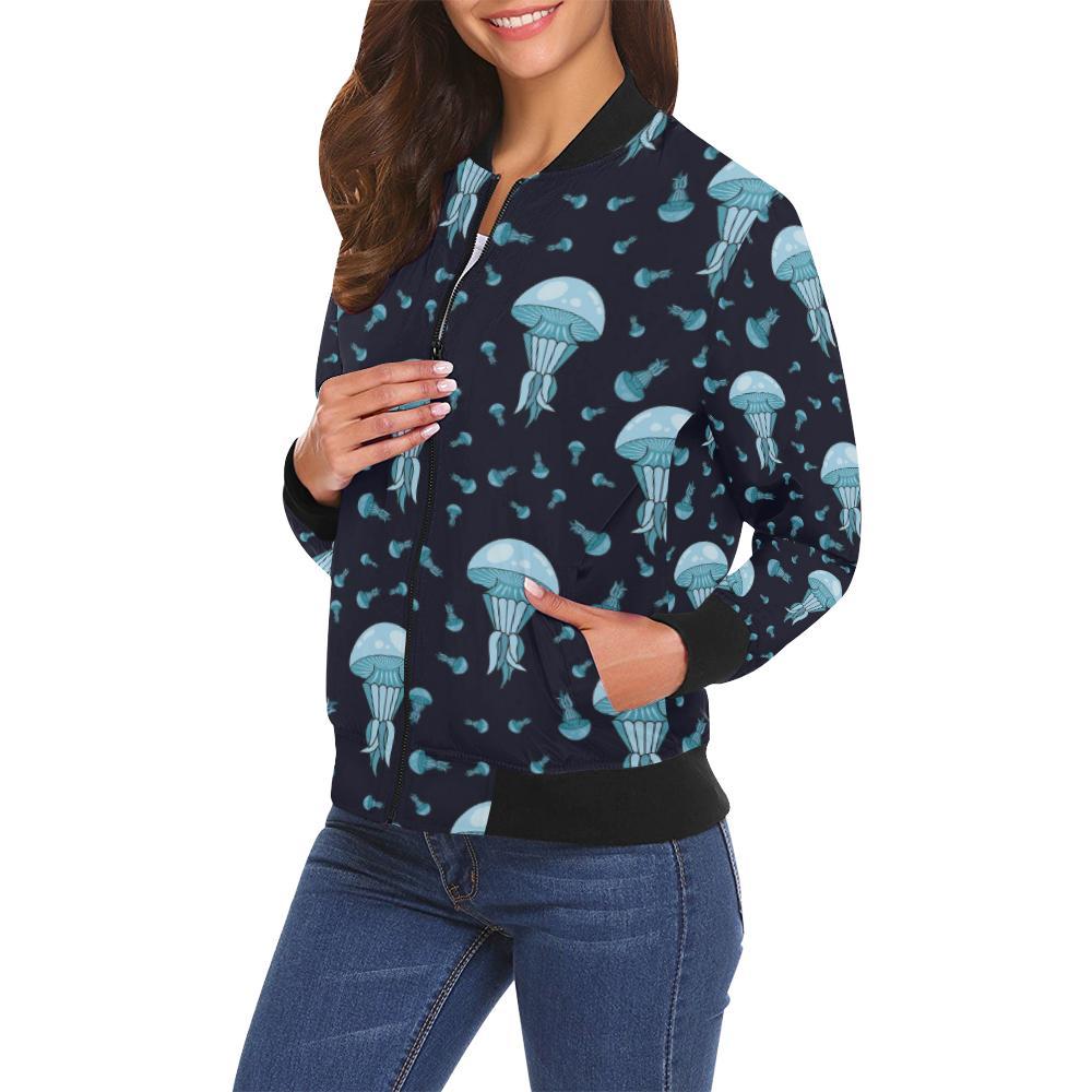 Cartoon Jellyfish Print Pattern Women Casual Bomber Jacket-grizzshop