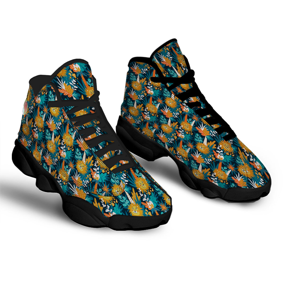 Cartoon Lion And Forest Print Pattern Black Basketball Shoes-grizzshop