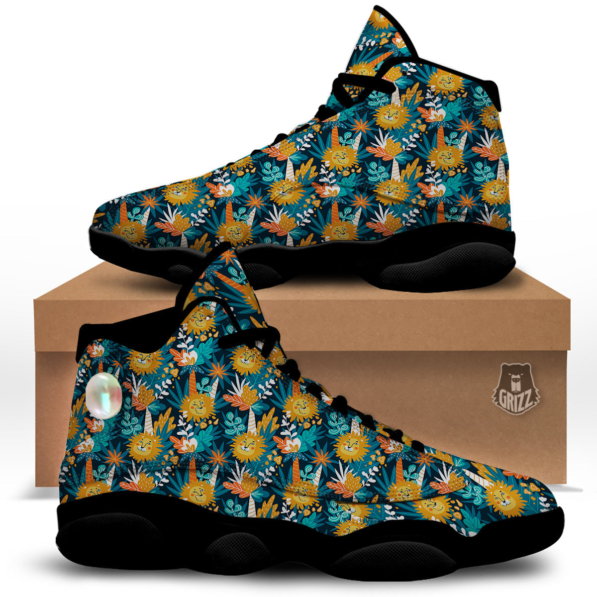 Cartoon Lion And Forest Print Pattern Black Basketball Shoes-grizzshop