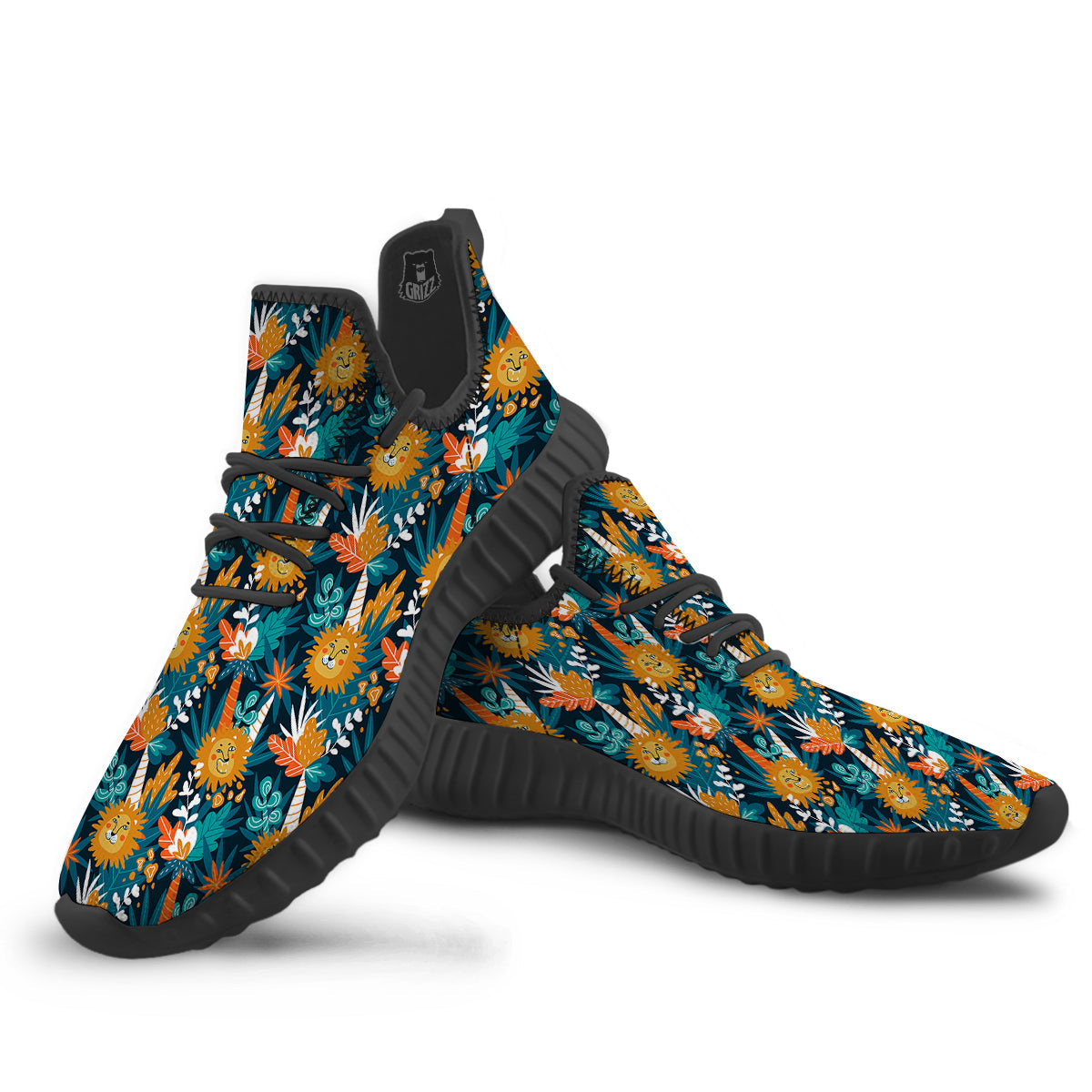 Cartoon Lion And Forest Print Pattern Black Walking Shoes-grizzshop