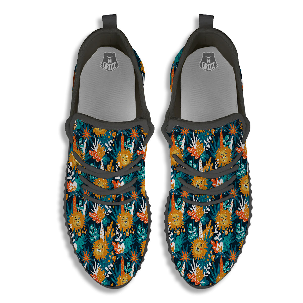 Cartoon Lion And Forest Print Pattern Black Walking Shoes-grizzshop