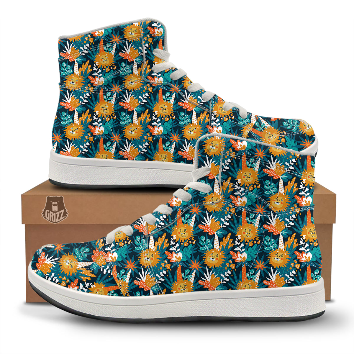 Cartoon Lion And Forest Print Pattern High Top Sneakers-grizzshop