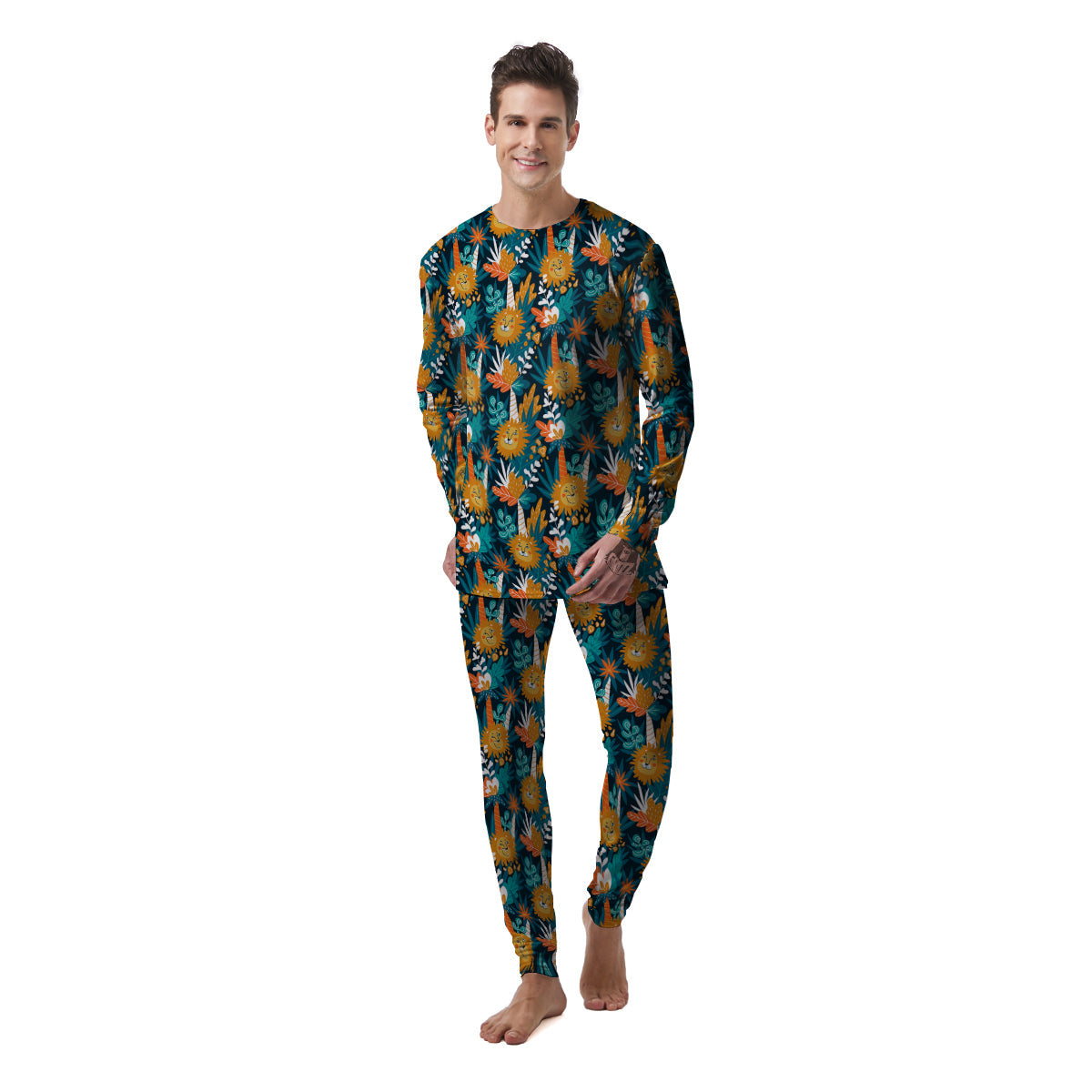 Cartoon Lion And Forest Print Pattern Men's Pajamas-grizzshop