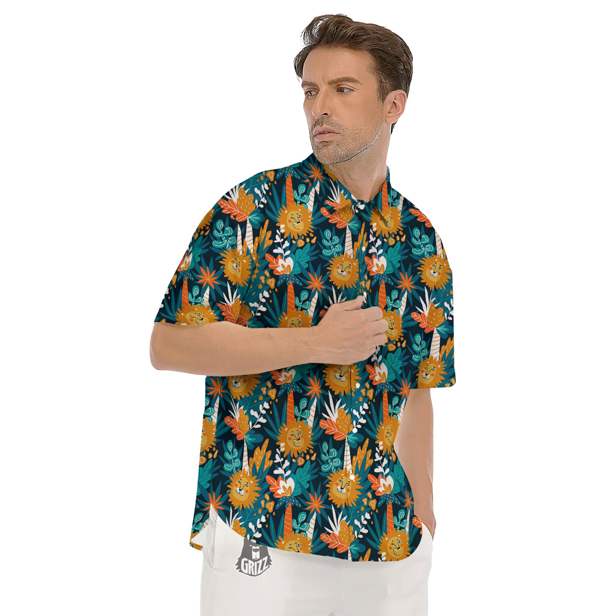 Cartoon Lion And Forest Print Pattern Men's Short Sleeve Shirts-grizzshop