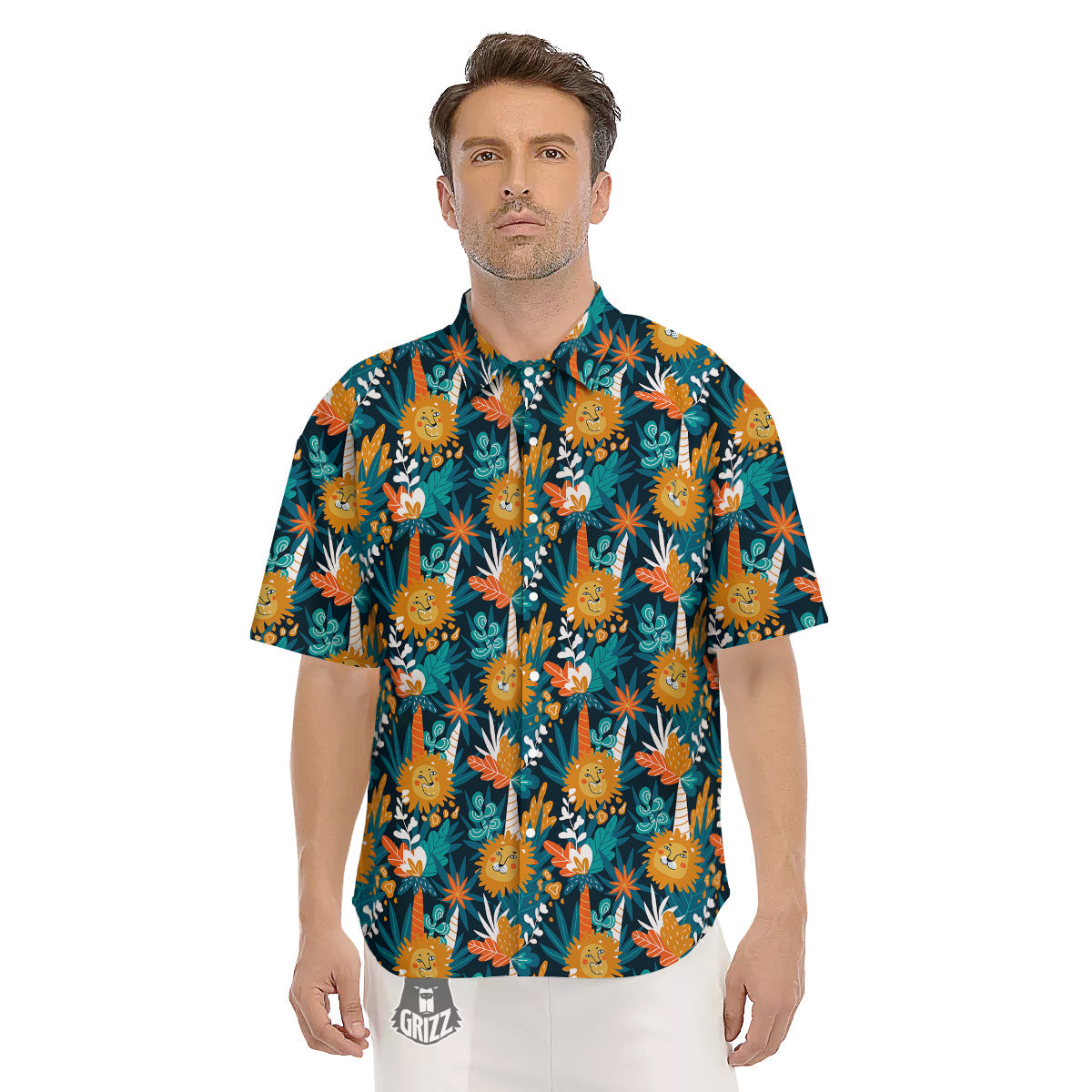 Cartoon Lion And Forest Print Pattern Men's Short Sleeve Shirts-grizzshop