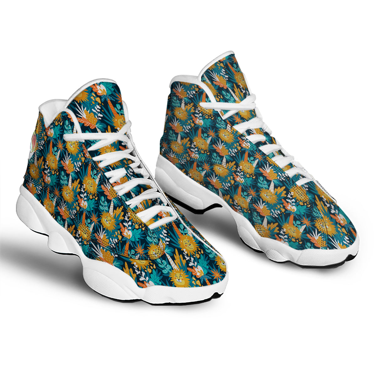 Cartoon Lion And Forest Print Pattern White Basketball Shoes-grizzshop