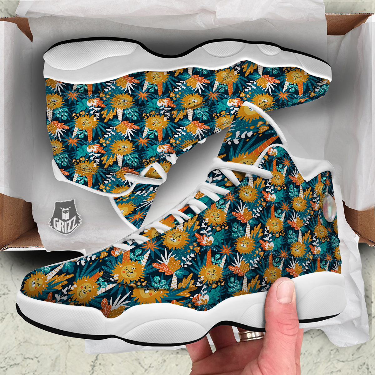 Cartoon Lion And Forest Print Pattern White Basketball Shoes-grizzshop