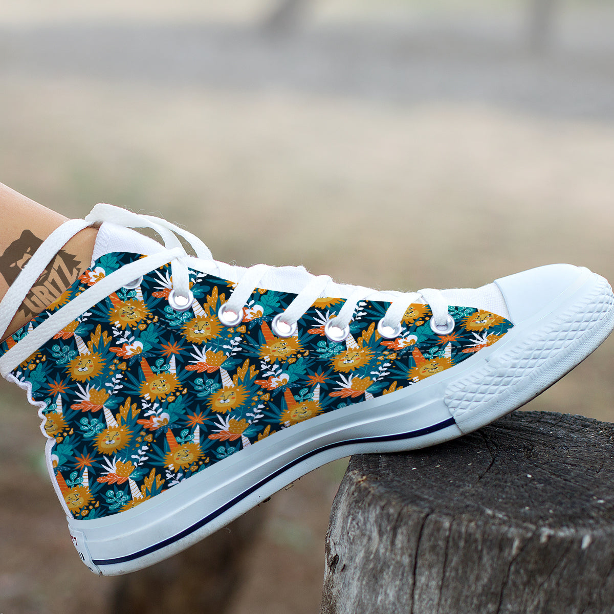 Cartoon Lion And Forest Print Pattern White High Top Shoes-grizzshop