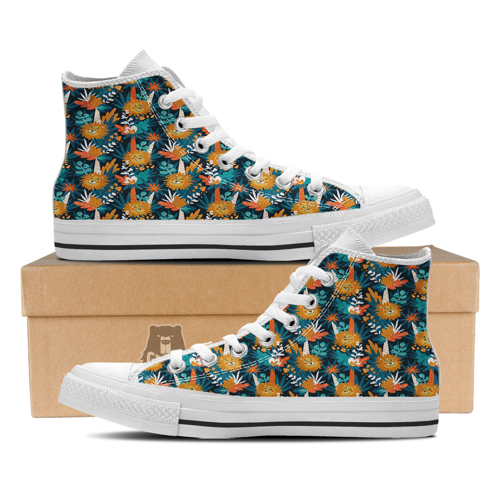 Cartoon Lion And Forest Print Pattern White High Top Shoes-grizzshop