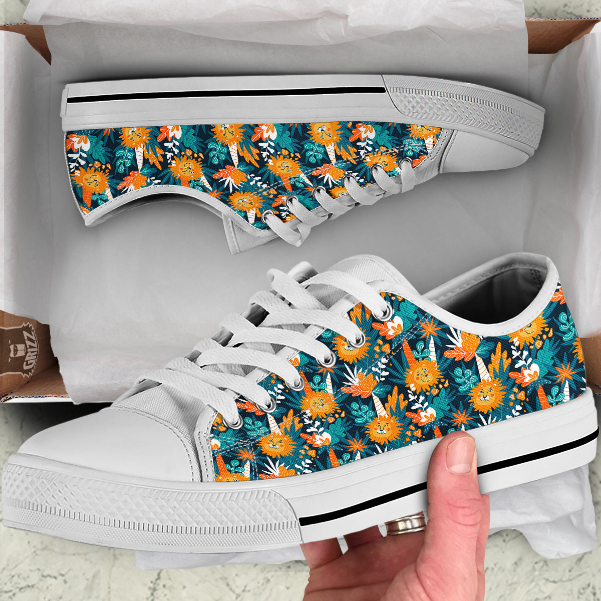 Cartoon Lion And Forest Print Pattern White Low Top Shoes-grizzshop