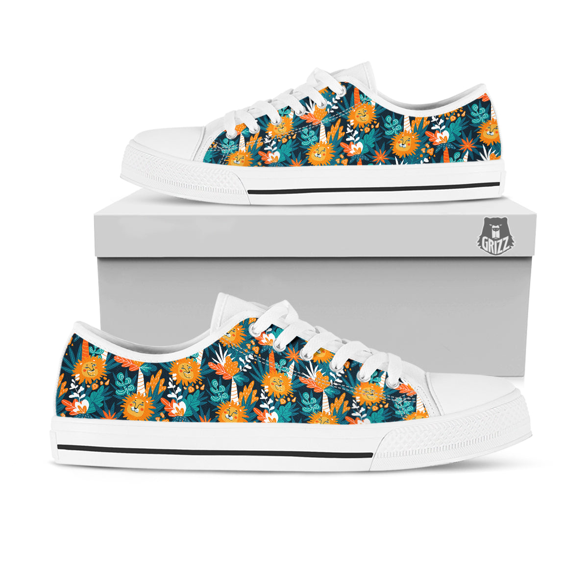 Cartoon Lion And Forest Print Pattern White Low Top Shoes-grizzshop
