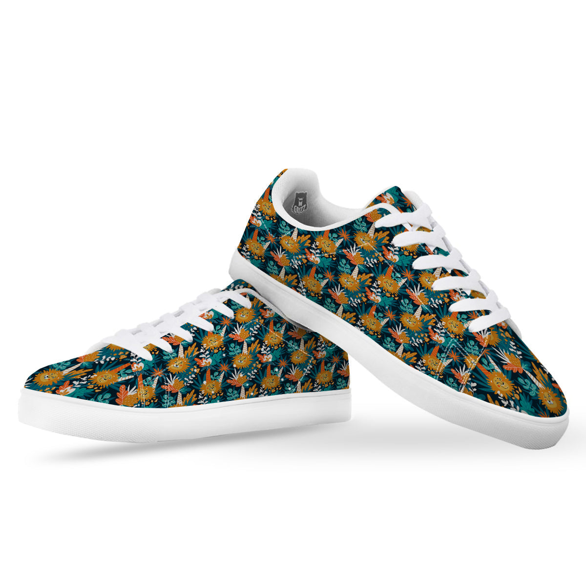 Cartoon Lion And Forest Print Pattern White Low Top Sneakers-grizzshop