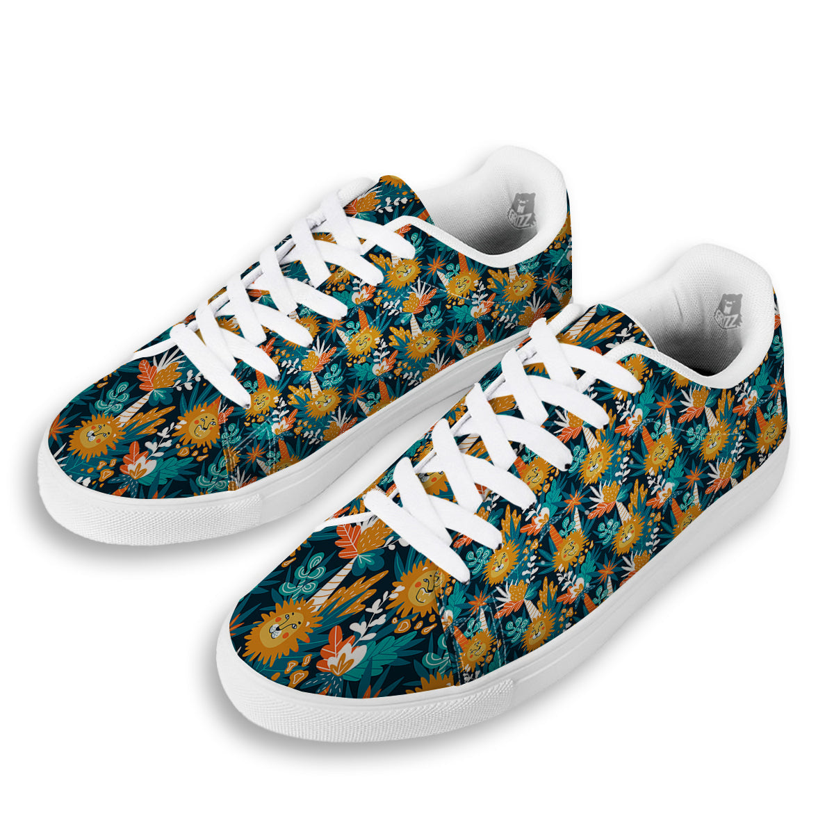 Cartoon Lion And Forest Print Pattern White Low Top Sneakers-grizzshop