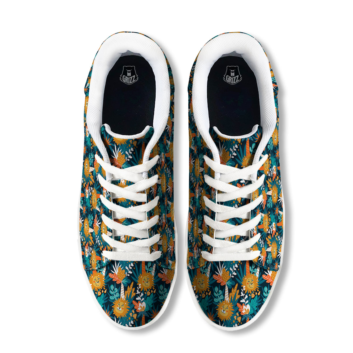Cartoon Lion And Forest Print Pattern White Low Top Sneakers-grizzshop