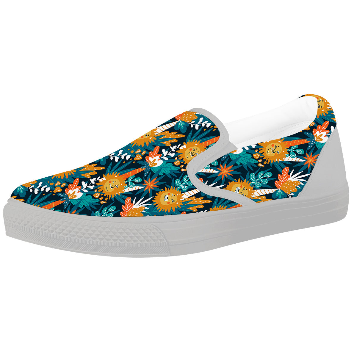 Cartoon Lion And Forest Print Pattern White Slip On Shoes-grizzshop