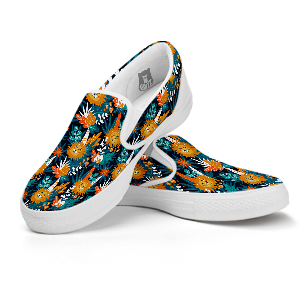 Cartoon Lion And Forest Print Pattern White Slip On Shoes-grizzshop