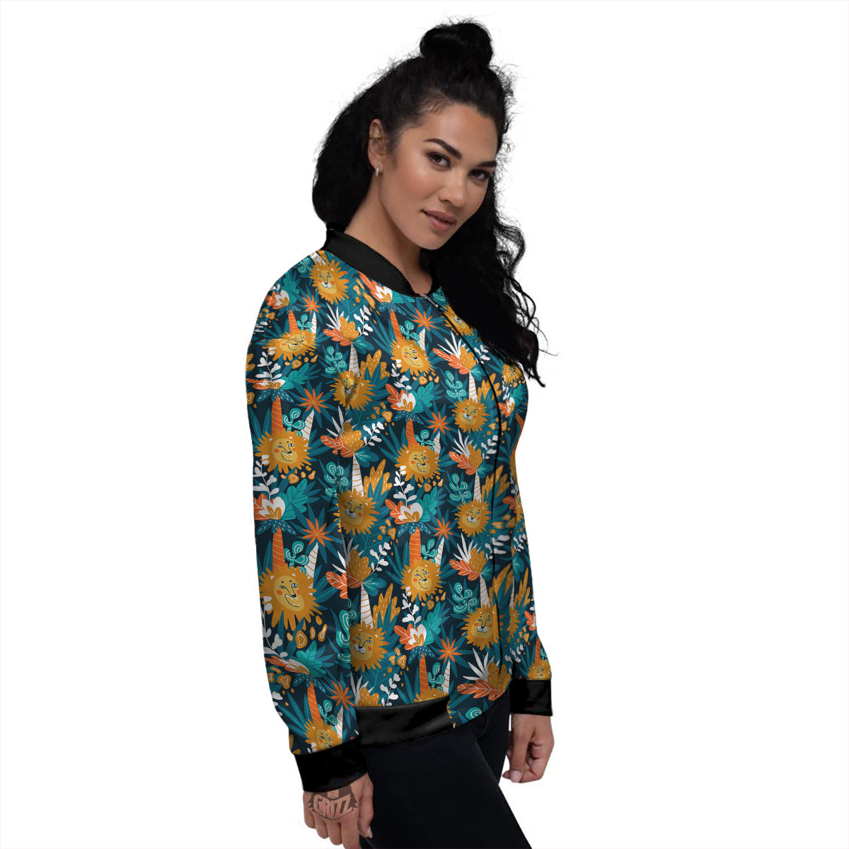 Cartoon Lion And Forest Print Pattern Women's Bomber Jacket-grizzshop