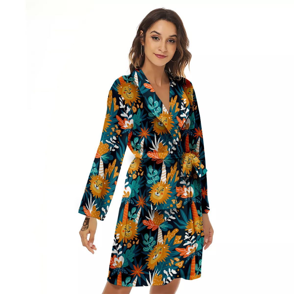 Cartoon Lion And Forest Print Pattern Women's Robe-grizzshop
