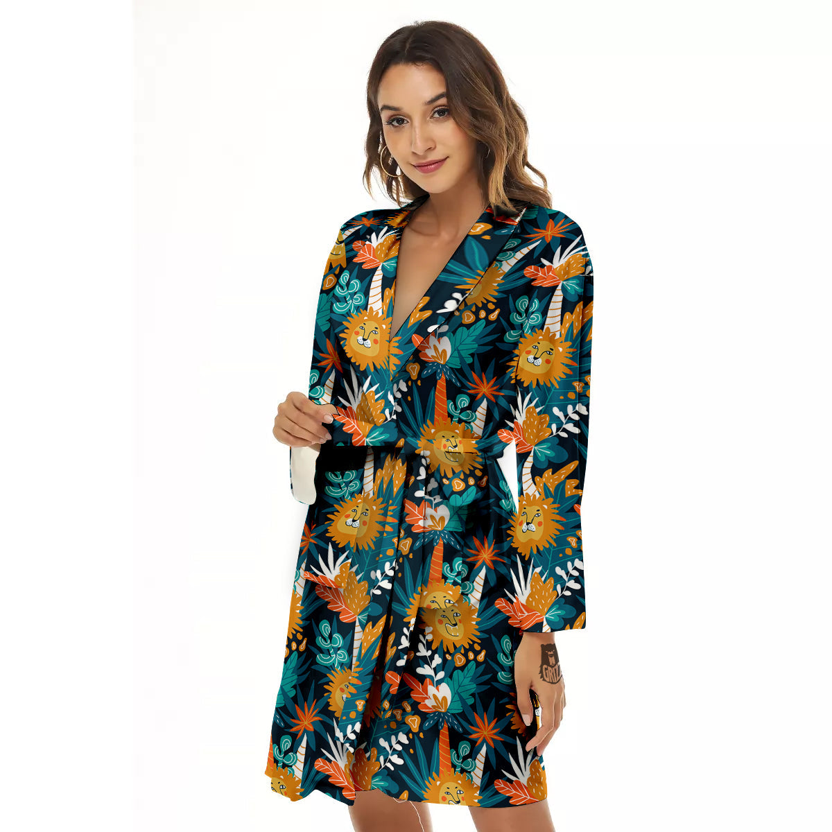 Cartoon Lion And Forest Print Pattern Women's Robe-grizzshop