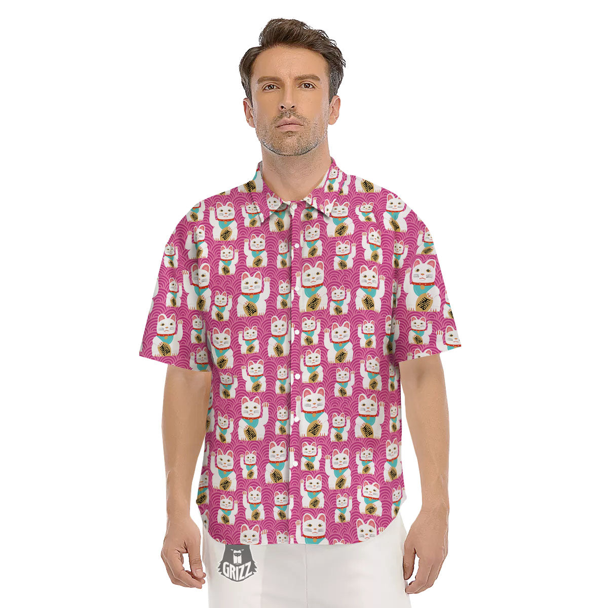 Cartoon Lucky Cat Japanese Print Pattern Men's Short Sleeve Shirts-grizzshop