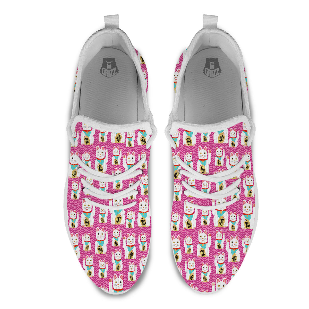 Cartoon Lucky Cat Japanese Print Pattern White Athletic Shoes-grizzshop