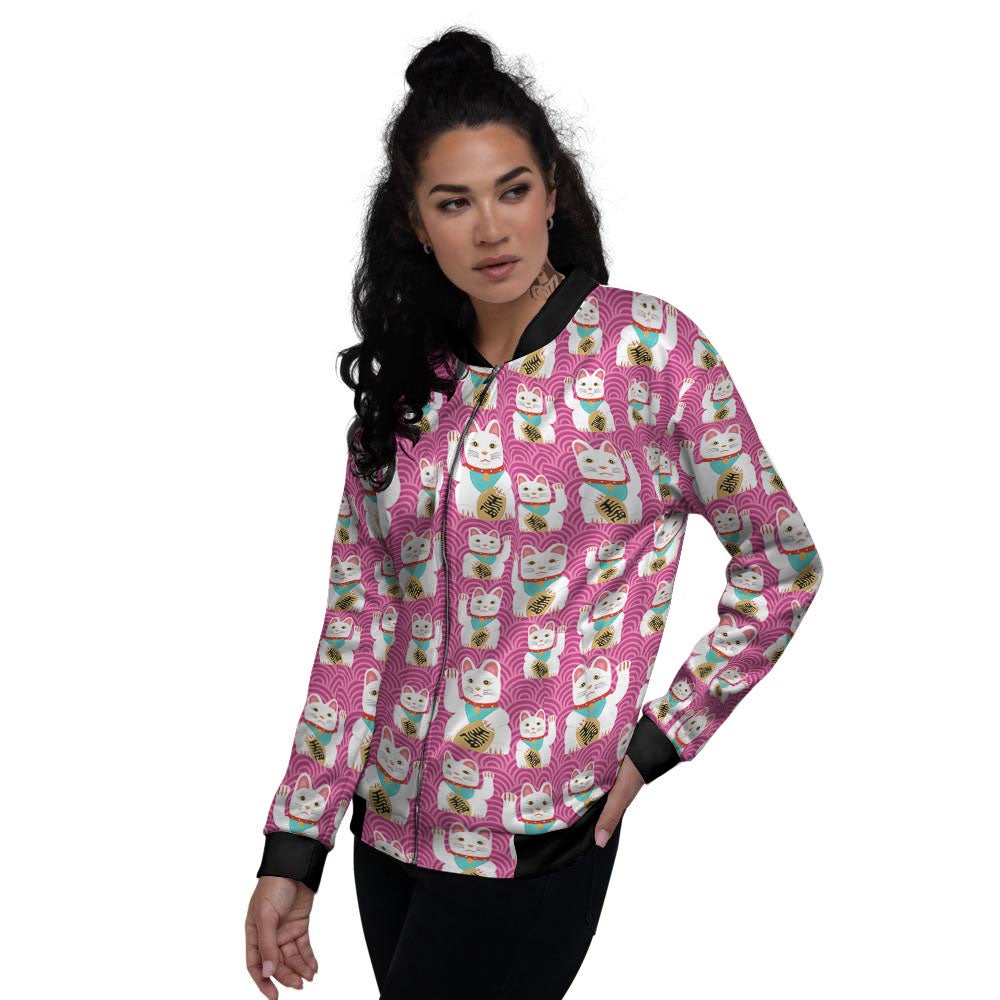 Cartoon Lucky Cat Japanese Print Pattern Women's Bomber Jacket-grizzshop
