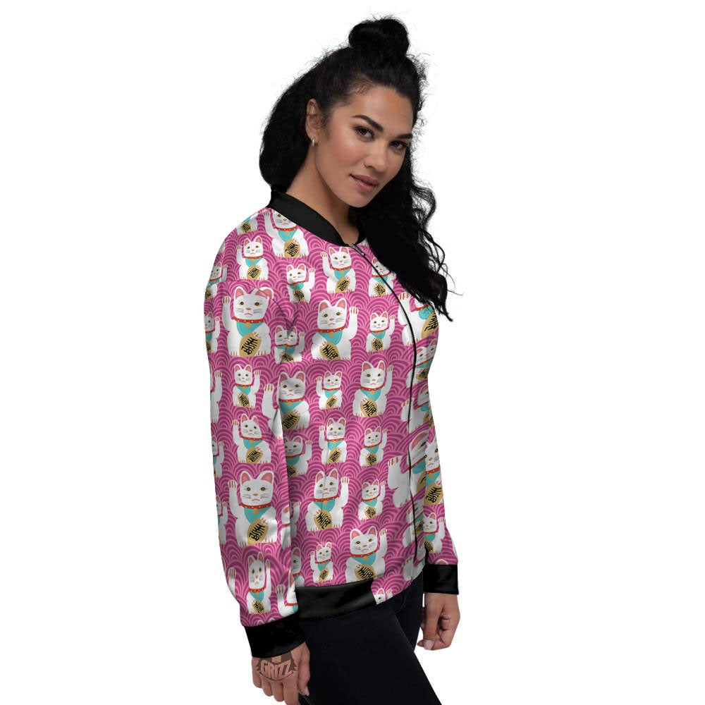 Cartoon Lucky Cat Japanese Print Pattern Women's Bomber Jacket-grizzshop