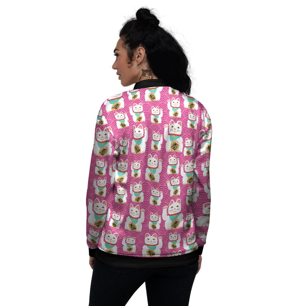 Cartoon Lucky Cat Japanese Print Pattern Women's Bomber Jacket-grizzshop
