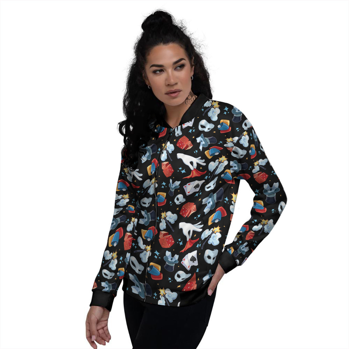 Cartoon Magic Show Print Pattern Women's Bomber Jacket-grizzshop